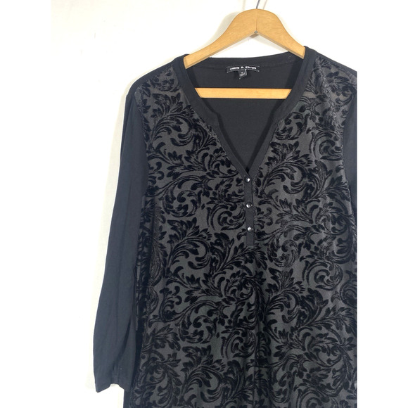 Cable & Gauge Velvet Burnout Top Henley Medium Black Whimsigoth Dk Romantic Y2K - Picture 2 of 10